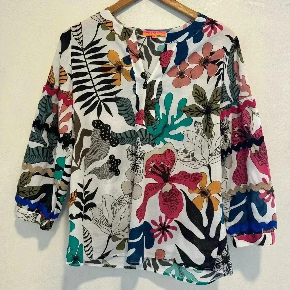 Vilagallo Tunic Top Floral Artsy Tropical Lightweight Split V Neck 38 EU